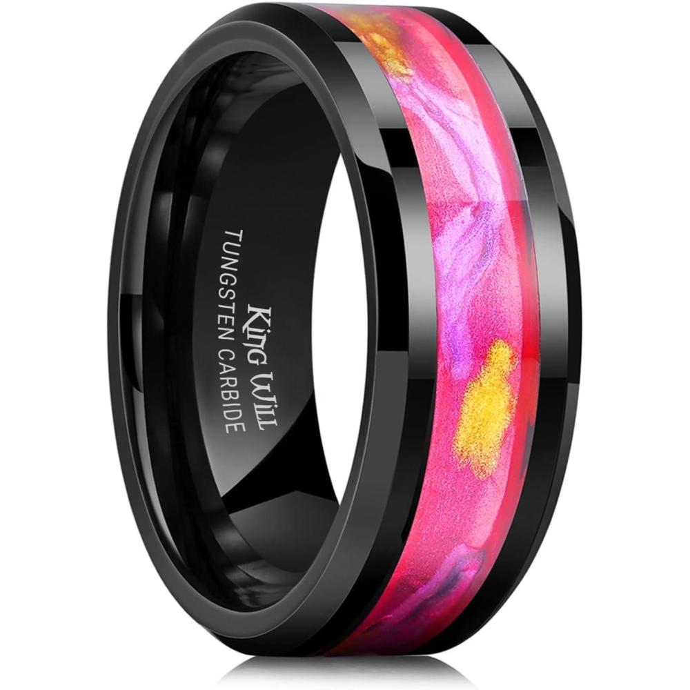 imageKing Will 8mm BlackGold Tungsten Rings Mens Wedding Rings Inlay Beveled Edge Ring for Men Women Comfort Fit DurableRedYellowPink