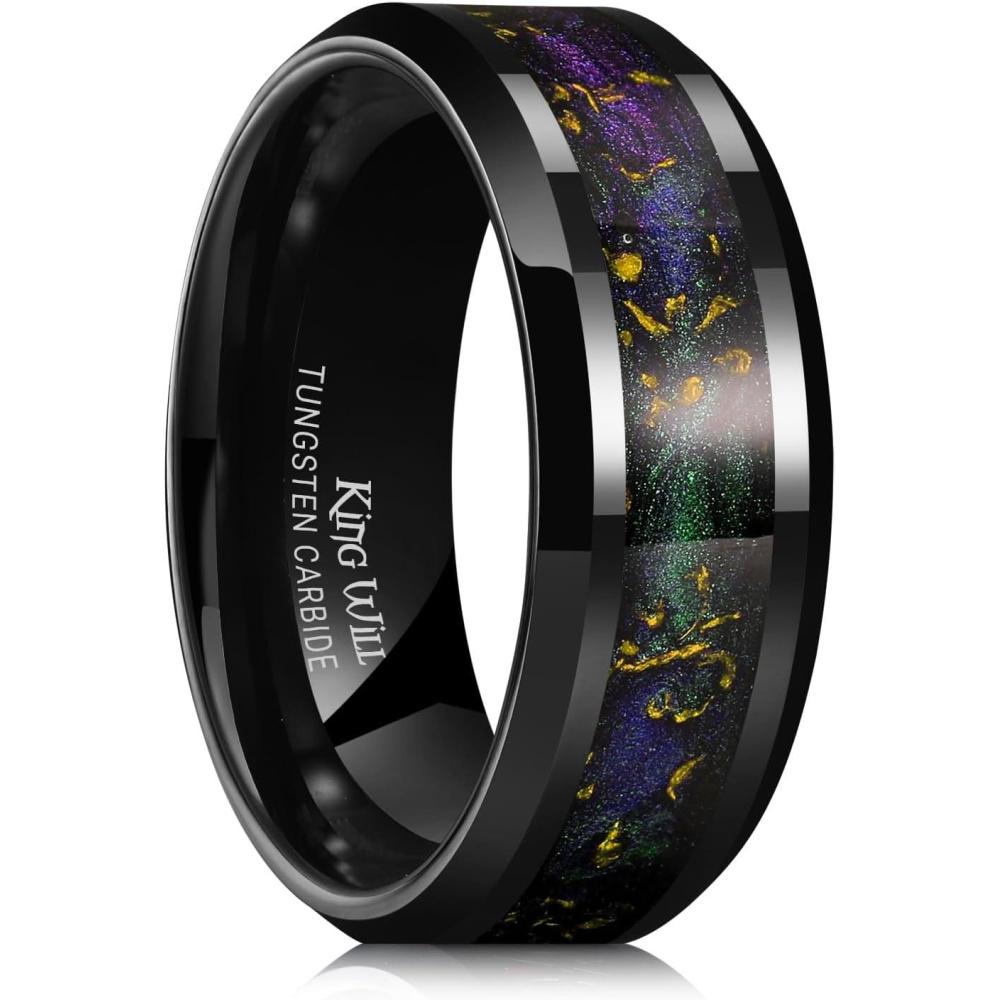 imageKing Will 8mm BlackGold Tungsten Rings Mens Wedding Rings Inlay Beveled Edge Ring for Men Women Comfort Fit Durableblackpurplegreengold