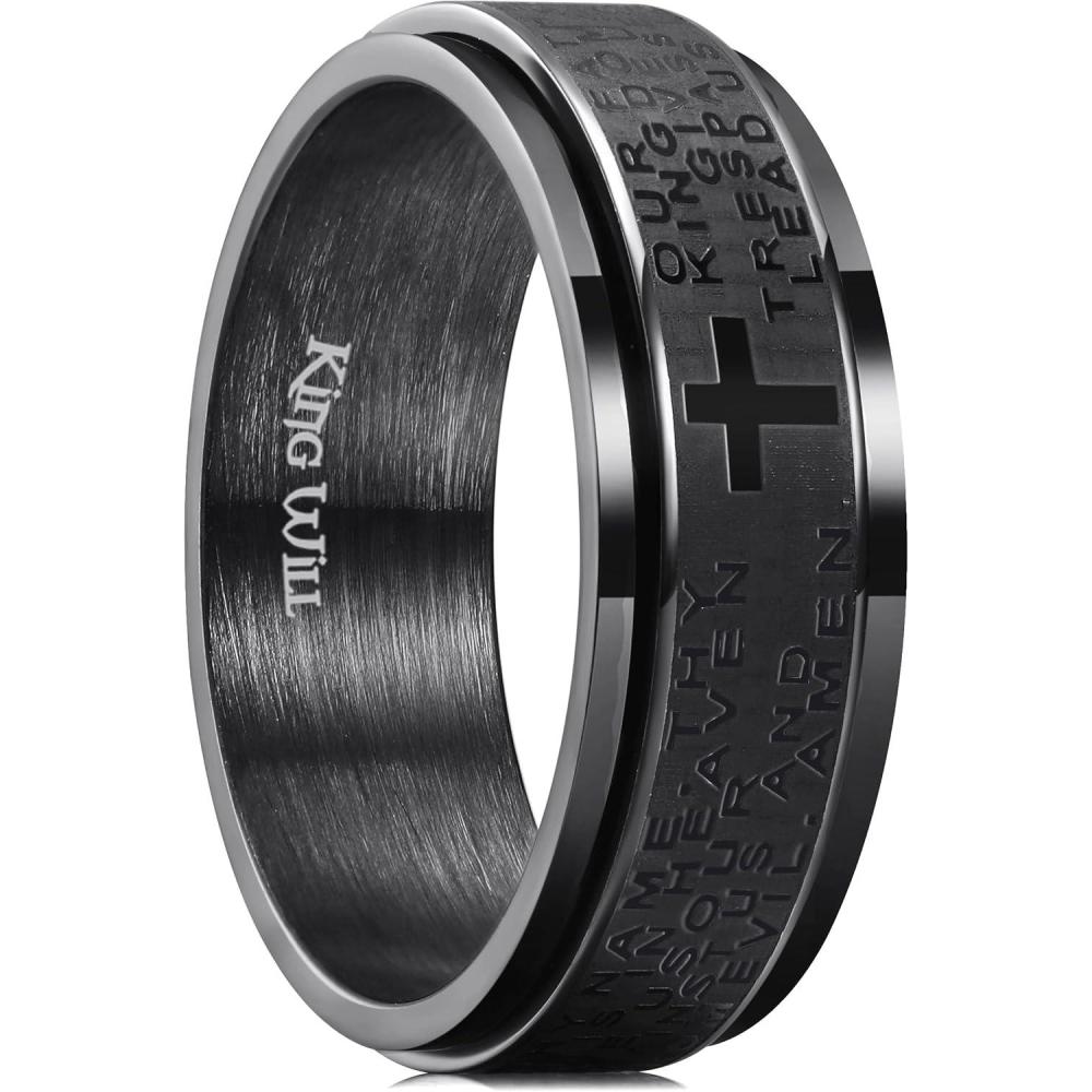 imageKing Will 8mm BlackGoldSilver Stainless Steel Ring Lords Prayer Rotatable Ring Men Wedding Band Rings Comfort FitBlack
