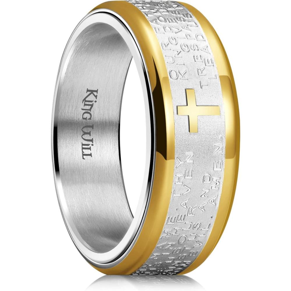 imageKing Will 8mm BlackGoldSilver Stainless Steel Ring Lords Prayer Rotatable Ring Men Wedding Band Rings Comfort FitGold Silver
