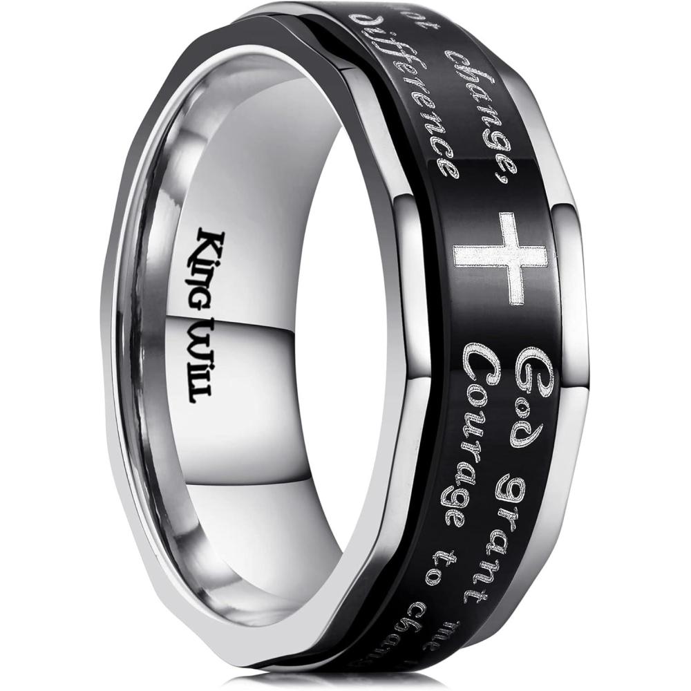 imageKing Will 8mm BlackGoldSilver Stainless Steel Ring Lords Prayer Rotatable Ring Men Wedding Band Rings Comfort Fitcross black