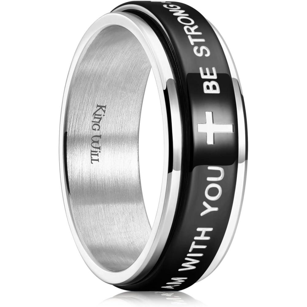 imageKing Will 8mm BlackGoldSilver Stainless Steel Ring Lords Prayer Rotatable Ring Men Wedding Band Rings Comfort Fitcross black silver