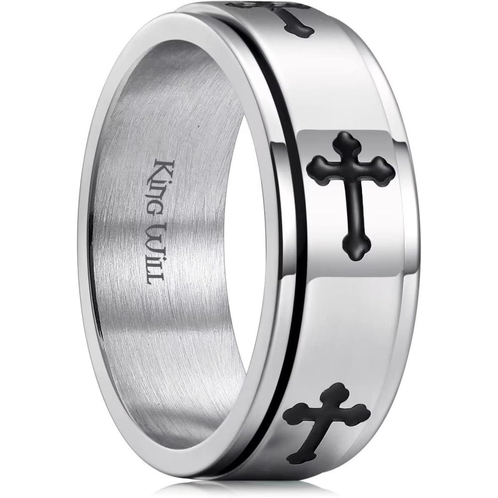 imageKing Will 8mm BlackGoldSilver Stainless Steel Ring Lords Prayer Rotatable Ring Men Wedding Band Rings Comfort Fitcross silver