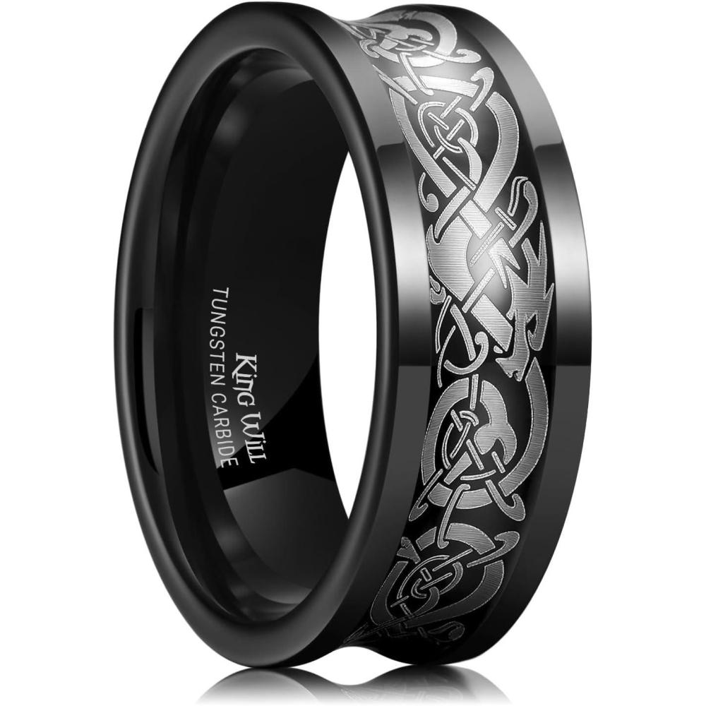 imageKing Will 8mm BlackSilverBlue Mens Tungsten Carbide Ring Laser Celtic KnotWolf HeadDragon Polish Edge Wedding Band Comfort FitBlack Celtic Dragon