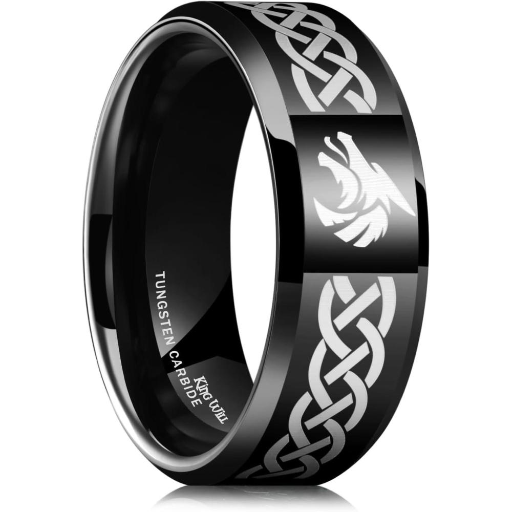 imageKing Will 8mm BlackSilverBlue Mens Tungsten Carbide Ring Laser Celtic KnotWolf HeadDragon Polish Edge Wedding Band Comfort FitBlack Wolf
