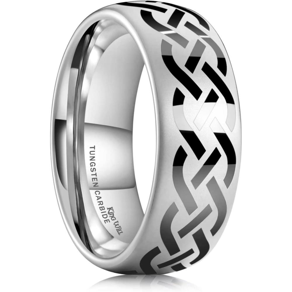imageKing Will 8mm BlackSilverBlue Mens Tungsten Carbide Ring Laser Celtic KnotWolf HeadDragon Polish Edge Wedding Band Comfort FitDomed