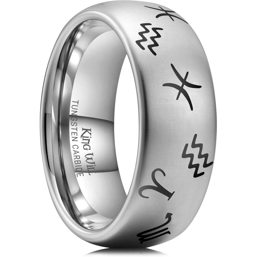 imageKing Will 8mm BlackSilverBlue Mens Tungsten Carbide Ring Laser Celtic KnotWolf HeadDragon Polish Edge Wedding Band Comfort FitSilver Zodiac Symbols