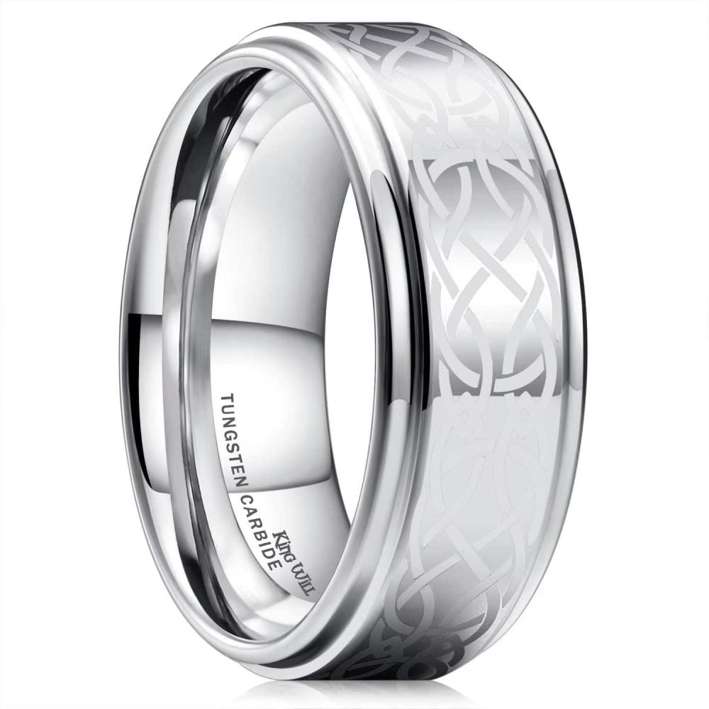imageKing Will 8mm BlackSilverBlue Mens Tungsten Carbide Ring Laser Celtic KnotWolf HeadDragon Polish Edge Wedding Band Comfort FitSilver