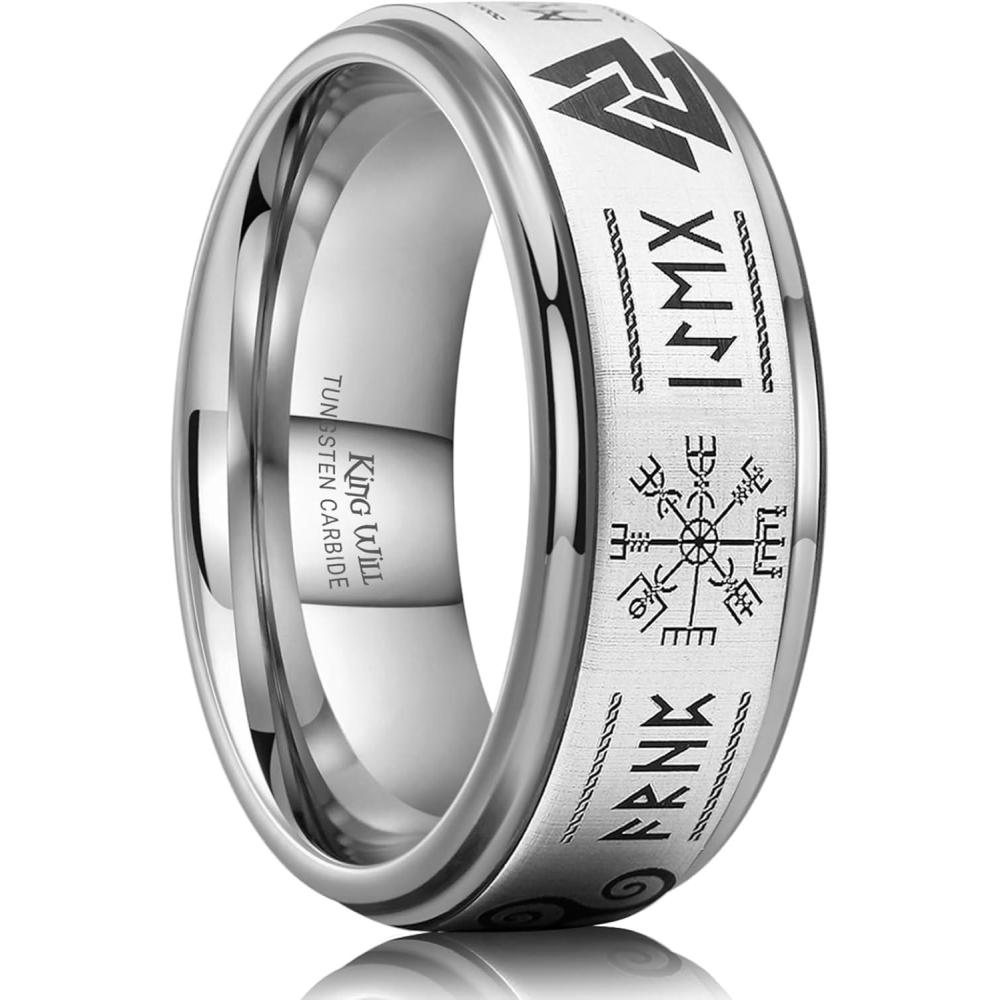 imageKing Will 8mm BlackSilverBlue Mens Tungsten Carbide Ring Laser Celtic KnotWolf HeadDragon Polish Edge Wedding Band Comfort FitSilver Brushed 8mm