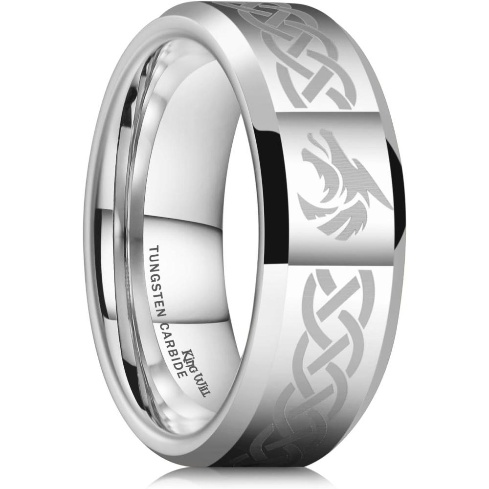 imageKing Will 8mm BlackSilverBlue Mens Tungsten Carbide Ring Laser Celtic KnotWolf HeadDragon Polish Edge Wedding Band Comfort FitSilver Wolf