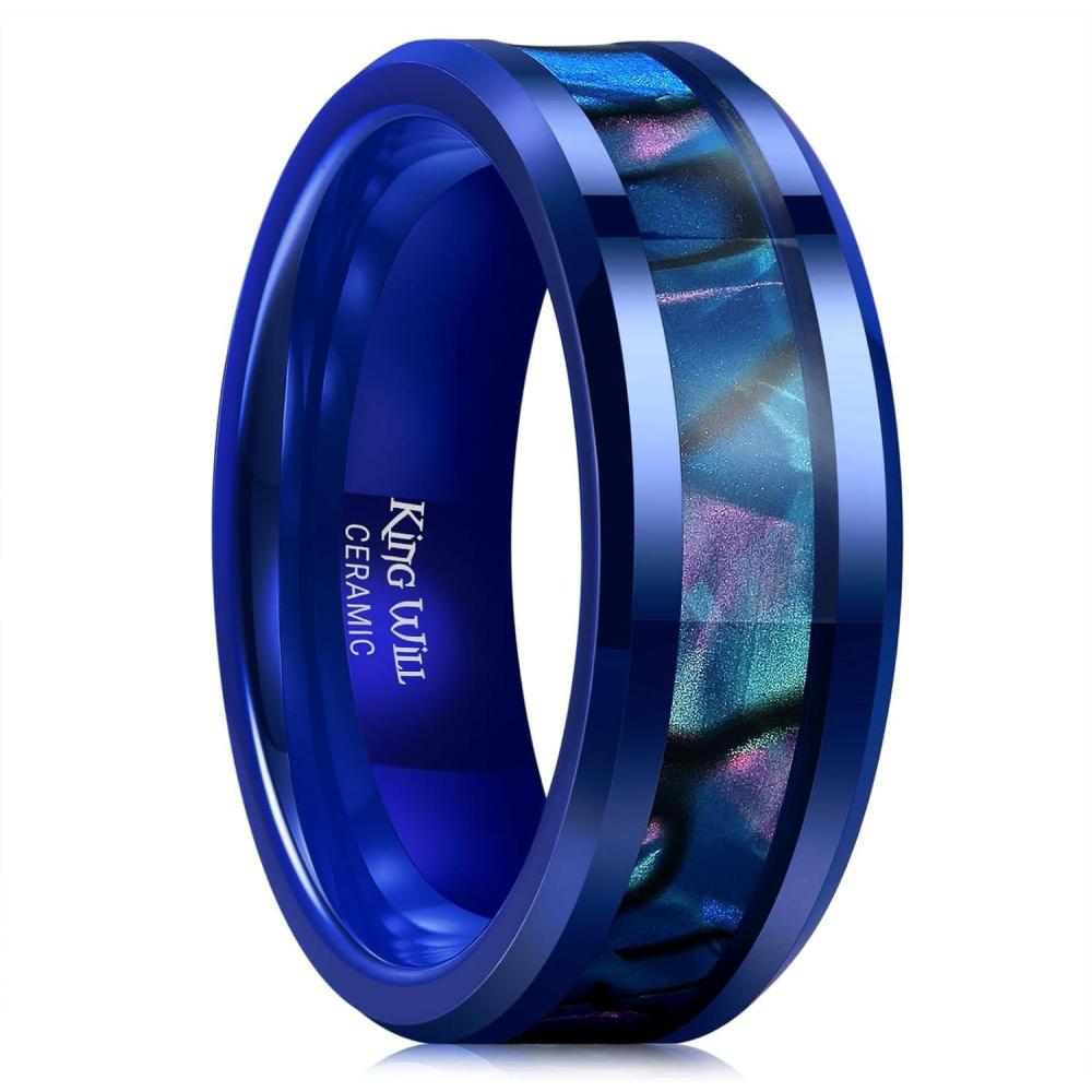 imageKing Will 8mm Ceramic Ring Opal Shell Inlay Wedding Band Beveled Edge Promise Rings Comfort Fit Size 714Blue