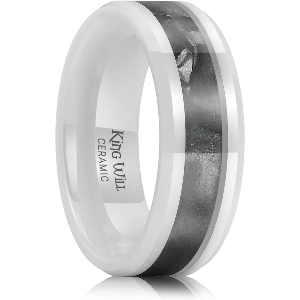 imageKing Will 8mm Ceramic Ring Opal Shell Inlay Wedding Band Beveled Edge Promise Rings Comfort Fit Size 714White