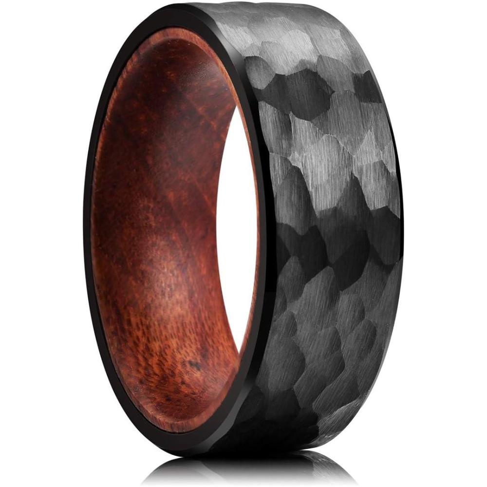 imageKing Will 8mm Hammered Tungsten Carbide Mens Wedding Band KOA Wood Inner Inlay Ring Comfort FitDwoodblack