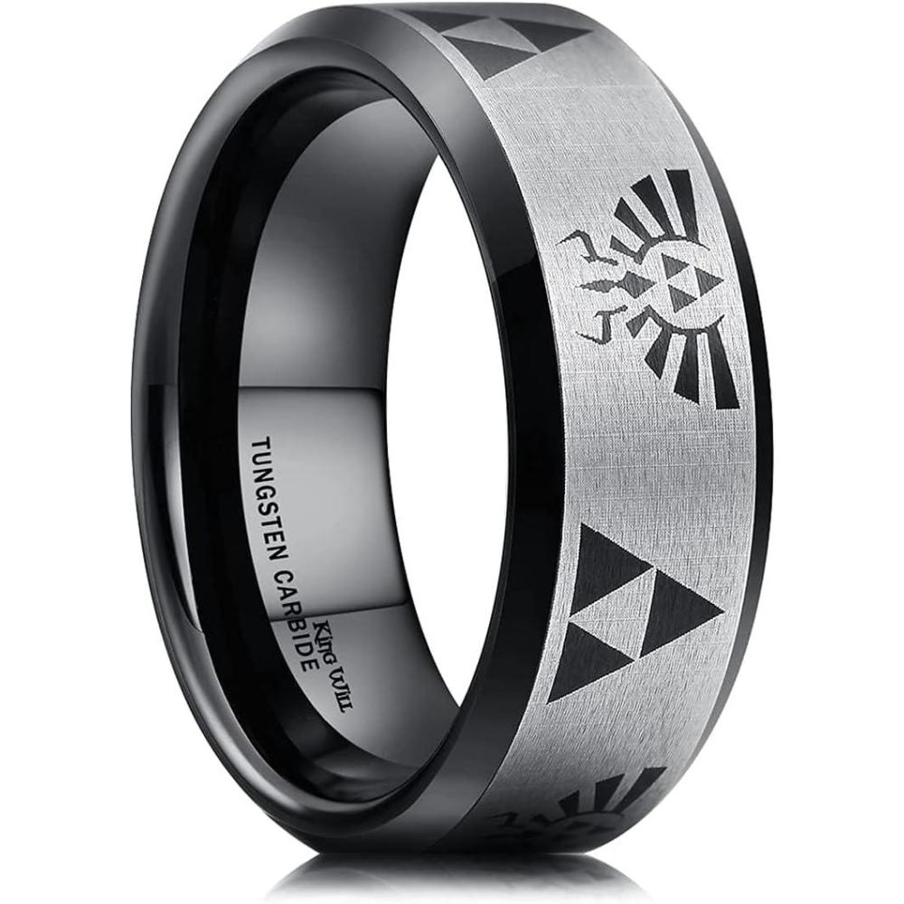 imageKing Will 8mm Mens BlackBlue Tungsten Carbide Wedding Ring GameThemed Laser Pattern Ring Matte Finished Plated Stepped Beveled EdgesBlack