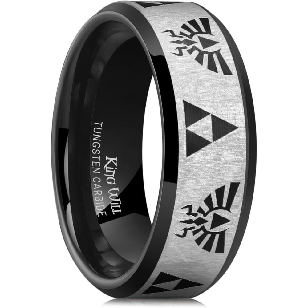 imageKing Will 8mm Mens BlackBlue Tungsten Carbide Wedding Ring GameThemed Laser Pattern Ring Matte Finished Plated Stepped Beveled EdgesBlack 8mm