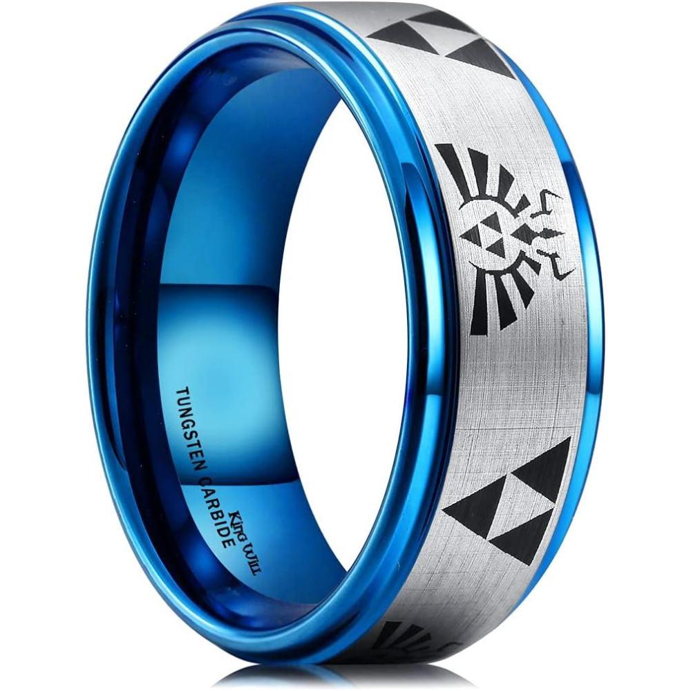 imageKing Will 8mm Mens BlackBlue Tungsten Carbide Wedding Ring GameThemed Laser Pattern Ring Matte Finished Plated Stepped Beveled EdgesBlue