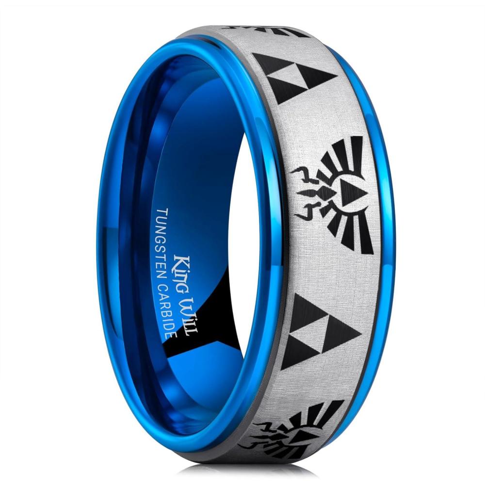 imageKing Will 8mm Mens BlackBlue Tungsten Carbide Wedding Ring GameThemed Laser Pattern Ring Matte Finished Plated Stepped Beveled EdgesBlue 8mm