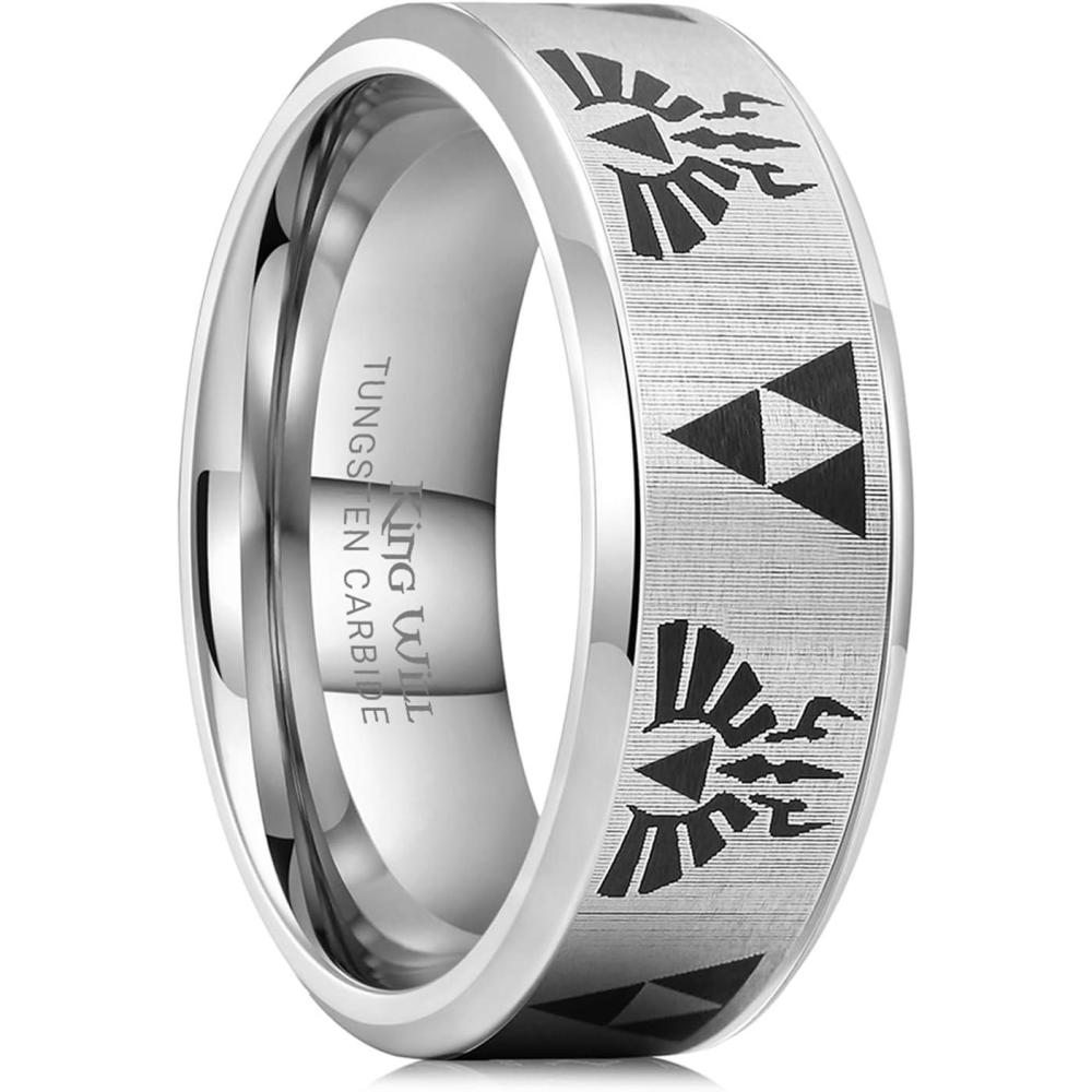 imageKing Will 8mm Mens BlackBlue Tungsten Carbide Wedding Ring GameThemed Laser Pattern Ring Matte Finished Plated Stepped Beveled EdgesSilver