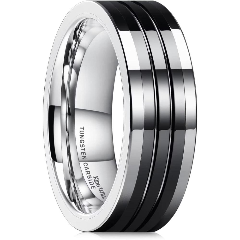imageKing Will 8mm Mens Silver Black Groove Tungsten Wedding Rings Black Groove Ceramic Center High Polished Surface Pipe Cut Edge Wedding Band for Men Womensilverblack
