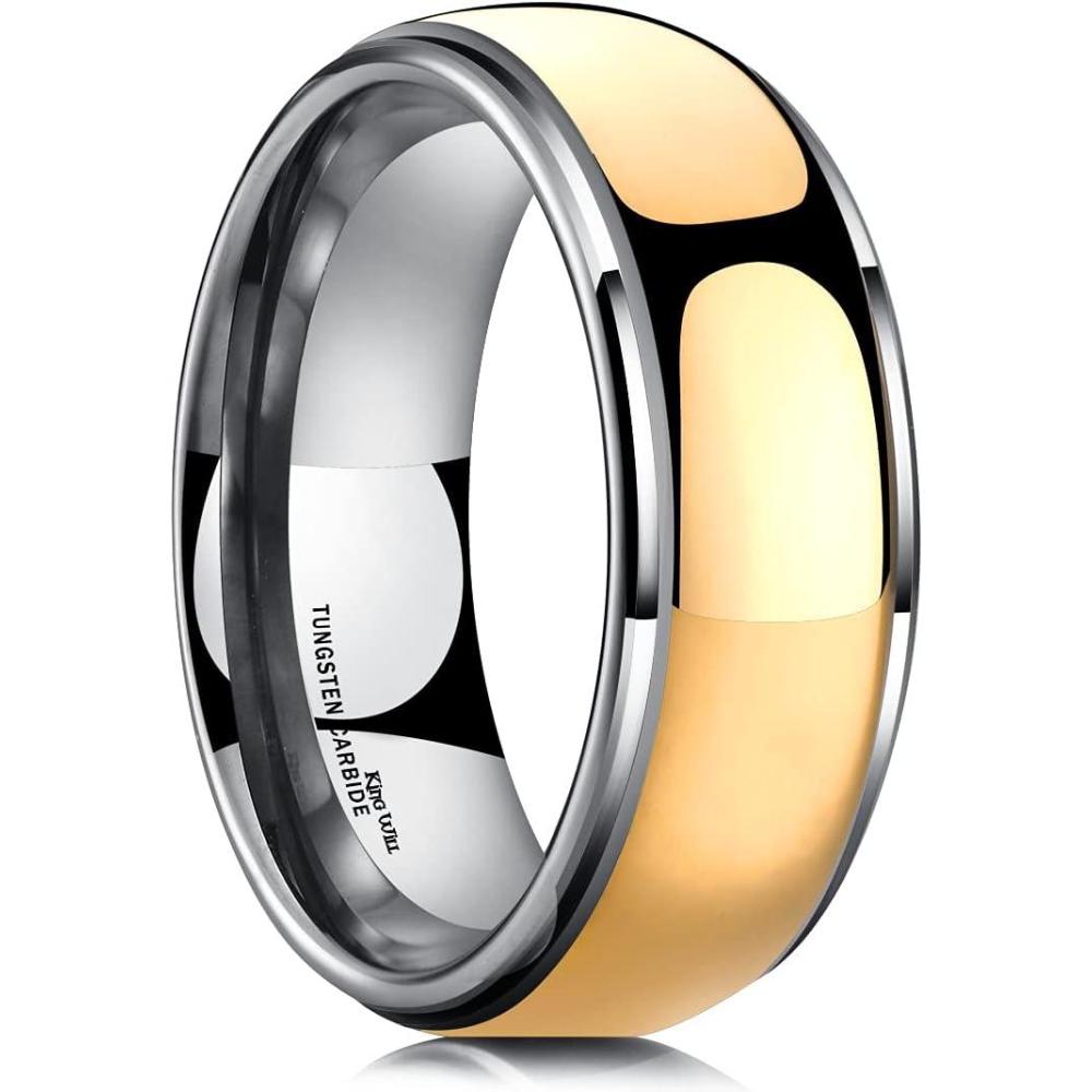 imageKing Will 8mm Mens Tungsten Carbide SilverGoldRose Gold Ring Gold Domed High PolishedGroovedFacetedSandstone Sticker Inlay Step Edge Comfort Fit Wedding RingAgoldsilver