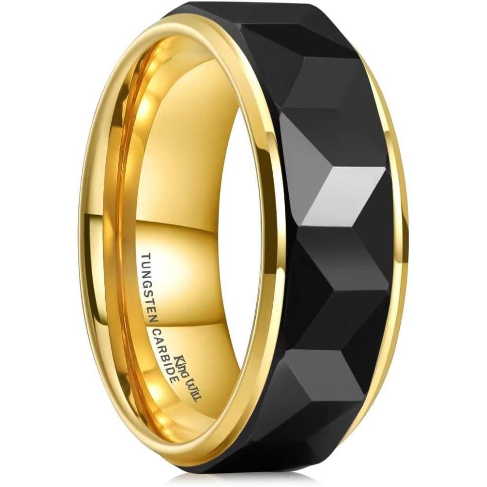 imageKing Will 8mm Mens Tungsten Carbide SilverGoldRose Gold Ring Gold Domed High PolishedGroovedFacetedSandstone Sticker Inlay Step Edge Comfort Fit Wedding RingCgoldblack