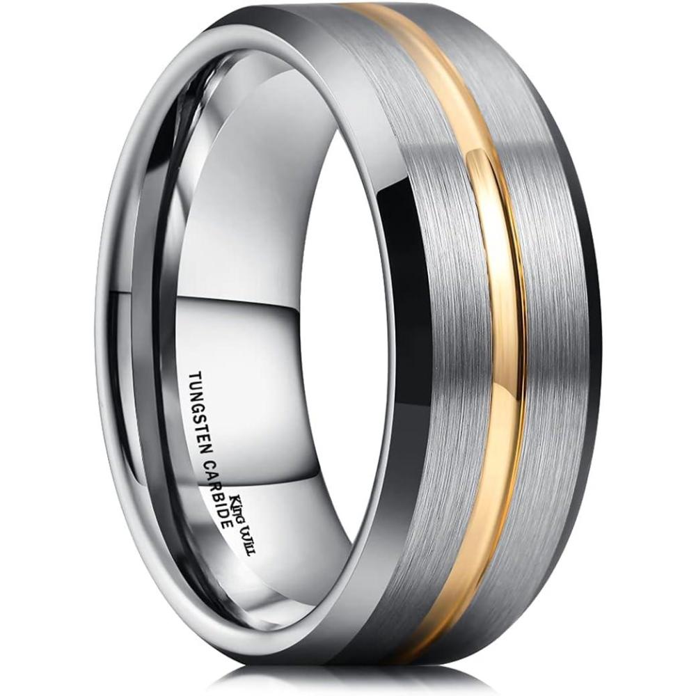 imageKing Will 8mm Mens Tungsten Carbide SilverGoldRose Gold Ring Gold Domed High PolishedGroovedFacetedSandstone Sticker Inlay Step Edge Comfort Fit Wedding RingBgoldsilver
