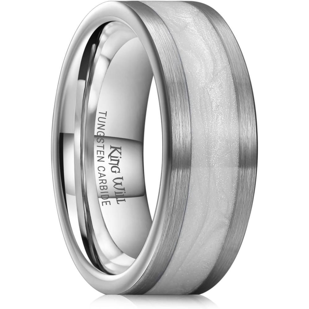 imageKing Will 8mm Mens Tungsten Wedding Band Gorgeous GoldenSilverBrown Flat Pipe Cut Carbide Ring YellowWhiteMocha Green Sand Inlay Mens Engagement Ring Matte Brushed Finish Comfort Fit Size 714Silver