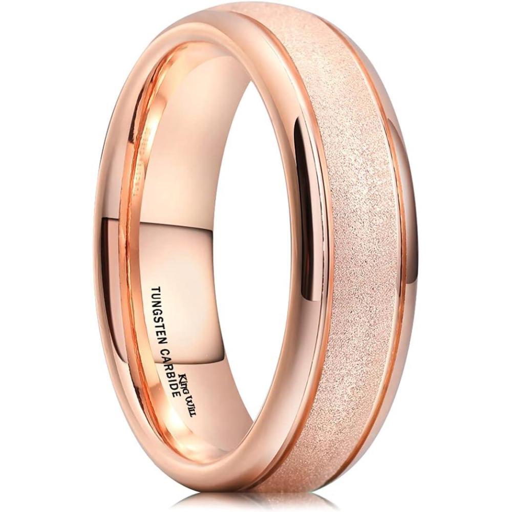 imageKing Will 8mm Mens Tungsten Wedding Band Gorgeous GoldenSilverBrown Flat Pipe Cut Carbide Ring YellowWhiteMocha Green Sand Inlay Mens Engagement Ring Matte Brushed Finish Comfort Fit Size 714Rose Gold Sandblasted6mm
