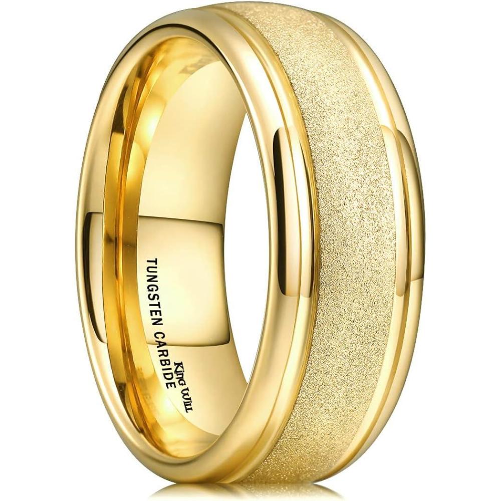 imageKing Will 8mm Mens Tungsten Wedding Band Gorgeous GoldenSilverBrown Flat Pipe Cut Carbide Ring YellowWhiteMocha Green Sand Inlay Mens Engagement Ring Matte Brushed Finish Comfort Fit Size 714Gold Sandblasted8mm