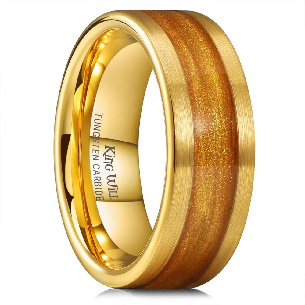 imageKing Will 8mm Mens Tungsten Wedding Band Gorgeous GoldenSilverBrown Flat Pipe Cut Carbide Ring YellowWhiteMocha Green Sand Inlay Mens Engagement Ring Matte Brushed Finish Comfort Fit Size 714Gold