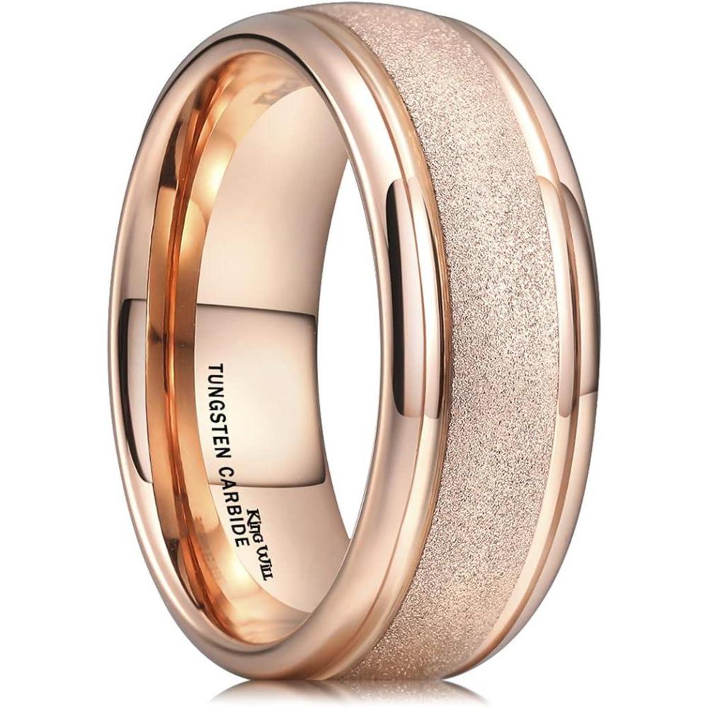 imageKing Will 8mm Mens Tungsten Wedding Band Gorgeous GoldenSilverBrown Flat Pipe Cut Carbide Ring YellowWhiteMocha Green Sand Inlay Mens Engagement Ring Matte Brushed Finish Comfort Fit Size 714Rose Gold Sandblasted8mm