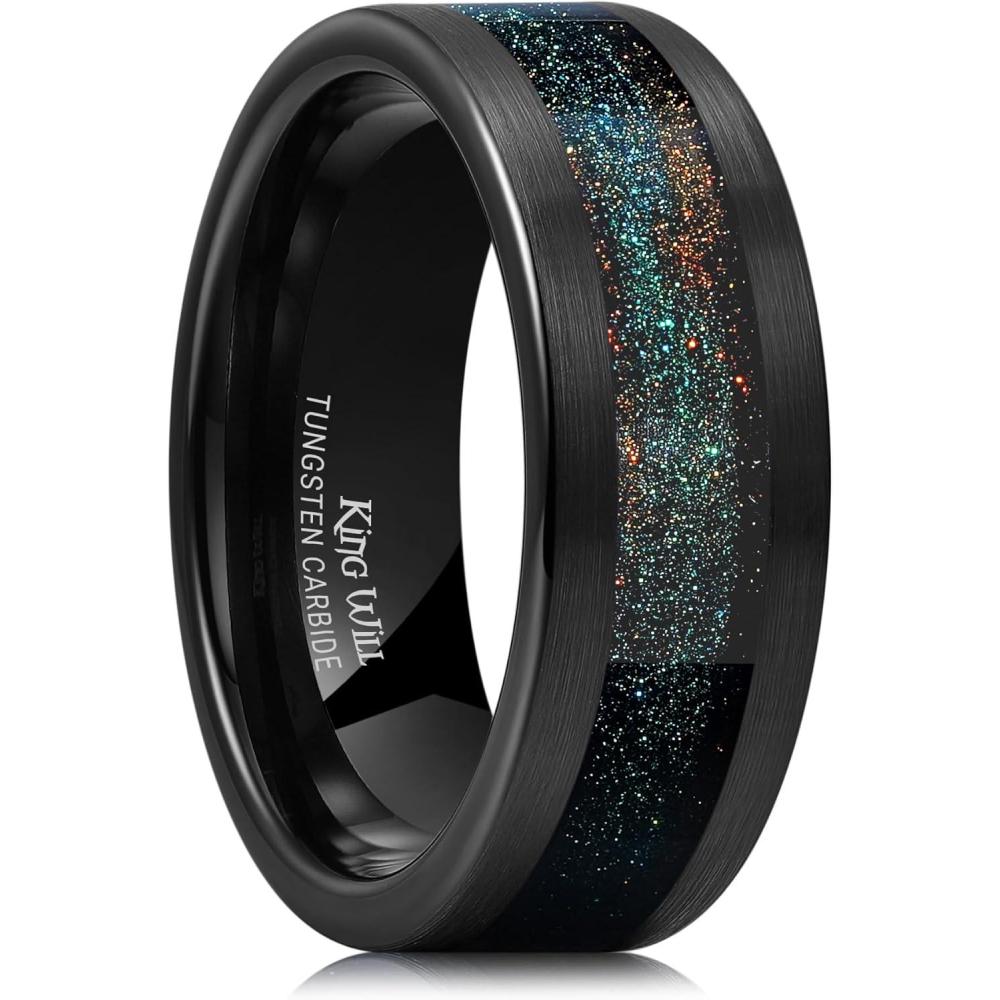 imageKing Will 8mm Mens Tungsten Wedding Band Gorgeous GoldenSilverBrown Flat Pipe Cut Carbide Ring YellowWhiteMocha Green Sand Inlay Mens Engagement Ring Matte Brushed Finish Comfort Fit Size 714BlackGreen Orange Sand Inlay