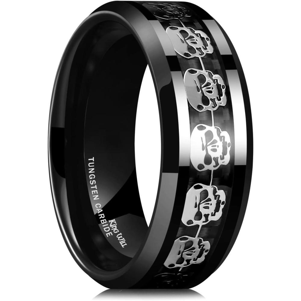 imageKing Will 8mm Mens Tungsten Wedding Band Masonic Compass Square Free Mason RingIrish CladdaghSpiderOpal Sticker Inlay Skull Cashew Flower Gold Chain Silver Engagement Ring Beveled Polished EdgeSkull Opal Sticker InlayBlack