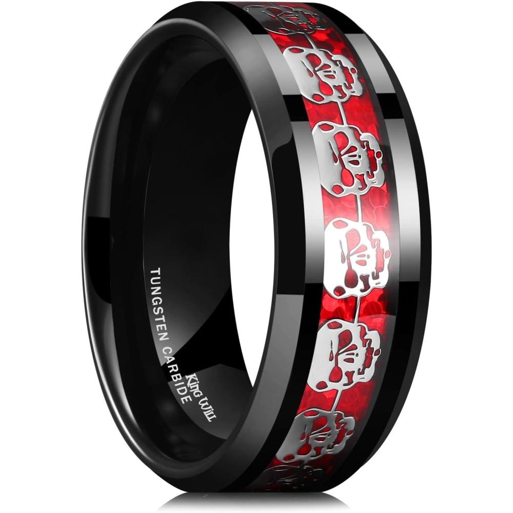 imageKing Will 8mm Mens Tungsten Wedding Band Masonic Compass Square Free Mason RingIrish CladdaghSpiderOpal Sticker Inlay Skull Cashew Flower Gold Chain Silver Engagement Ring Beveled Polished EdgeSkull Opal Sticker InlayRed