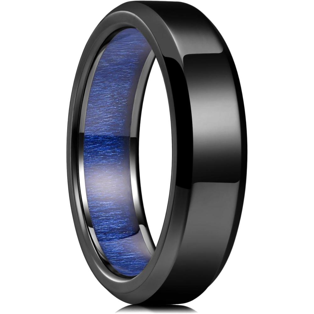 imageKing Will 8mm Silver Black Titanium Ring Inlaid Wood Inner Hole Wedding Band for Men High Polished Beveled Edge Comfort Fit Size 714Black 6mm Blue Maple Wood