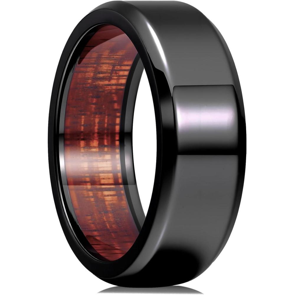 imageKing Will 8mm Silver Black Titanium Ring Inlaid Wood Inner Hole Wedding Band for Men High Polished Beveled Edge Comfort Fit Size 714Black 8mm