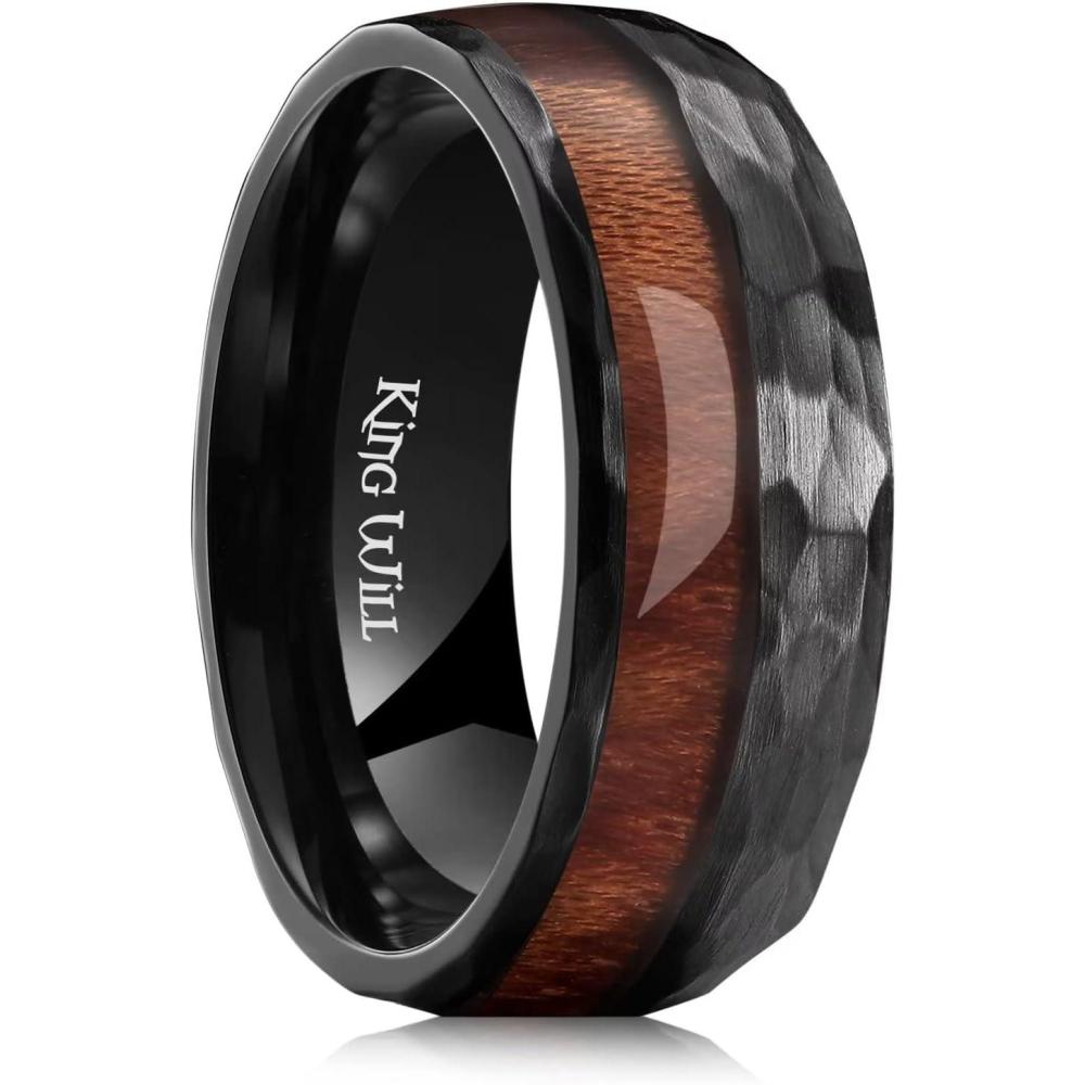 imageKing Will 8mm Silver Hammered Titanium Ring Center Inlaid Wood Wedding Band for Men Hammered Wood Titanium Rings Polish Comfort Fit8mm Black Hammered Wood