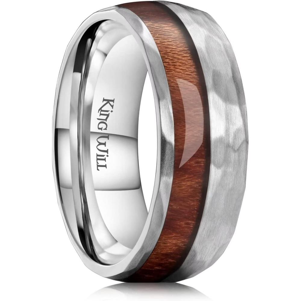 imageKing Will 8mm Silver Hammered Titanium Ring Center Inlaid Wood Wedding Band for Men Hammered Wood Titanium Rings Polish Comfort Fit8mm Steel Hammered Wood