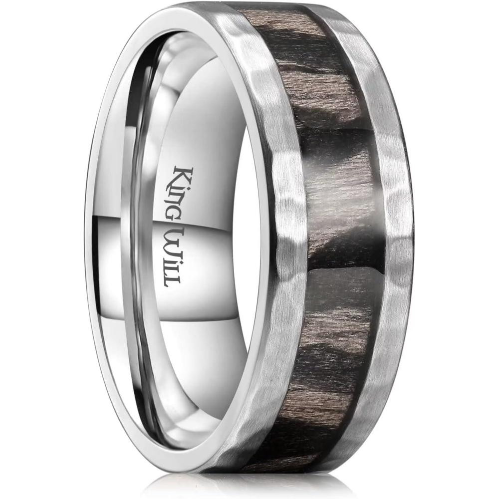 imageKing Will 8mm Silver Hammered Titanium Ring Center Inlaid Wood Wedding Band for Men Hammered Wood Titanium Rings Polish Comfort Fit8mm White Inlaid Wood