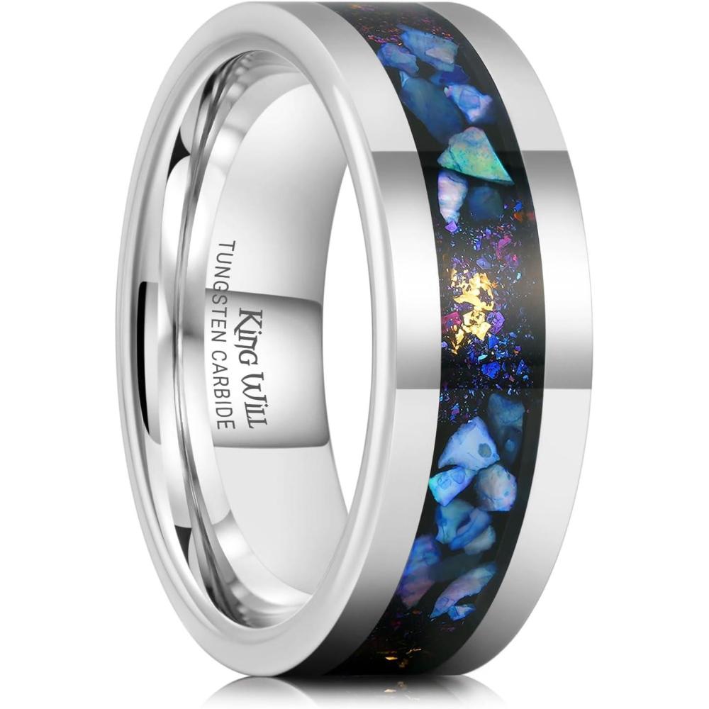 imageKing Will 8mm Silver Hammered Titanium Ring Center Inlaid Wood Wedding Band for Men Hammered Wood Titanium Rings Polish Comfort FitBlue