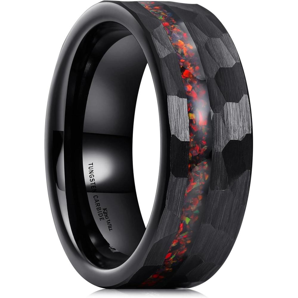 imageKing Will 8mm Tungsten Carbide Opal Rings For Men Black Wedding Band Blue Opal Inlay Brushed Hammered Promise Rings Comfort Fit Size 714BlackRed