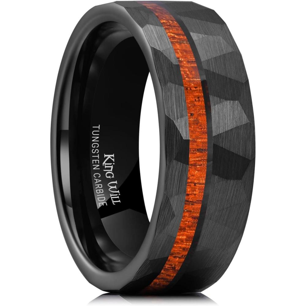 imageKing Will 8mm Tungsten Carbide Opal Rings For Men Black Wedding Band Blue Opal Inlay Brushed Hammered Promise Rings Comfort Fit Size 714BlackWood