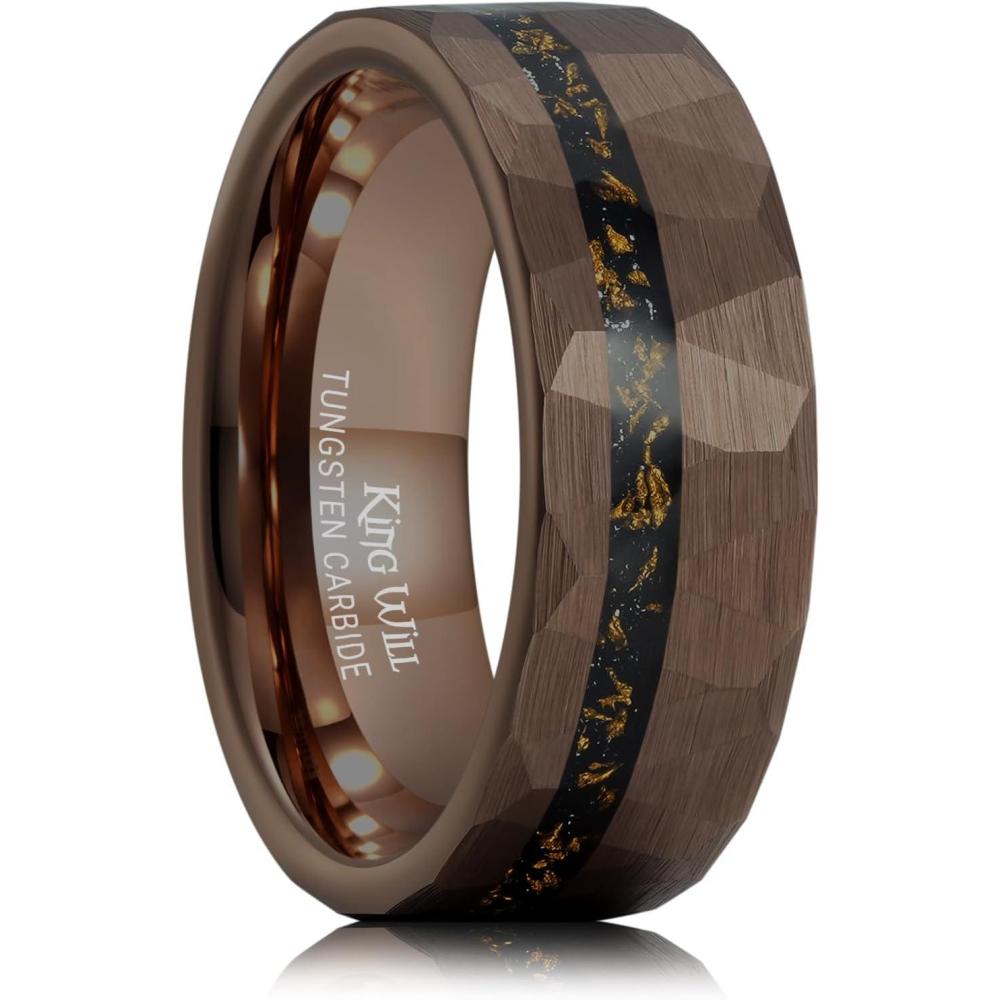 imageKing Will 8mm Tungsten Carbide Opal Rings For Men Black Wedding Band Blue Opal Inlay Brushed Hammered Promise Rings Comfort Fit Size 714Brown