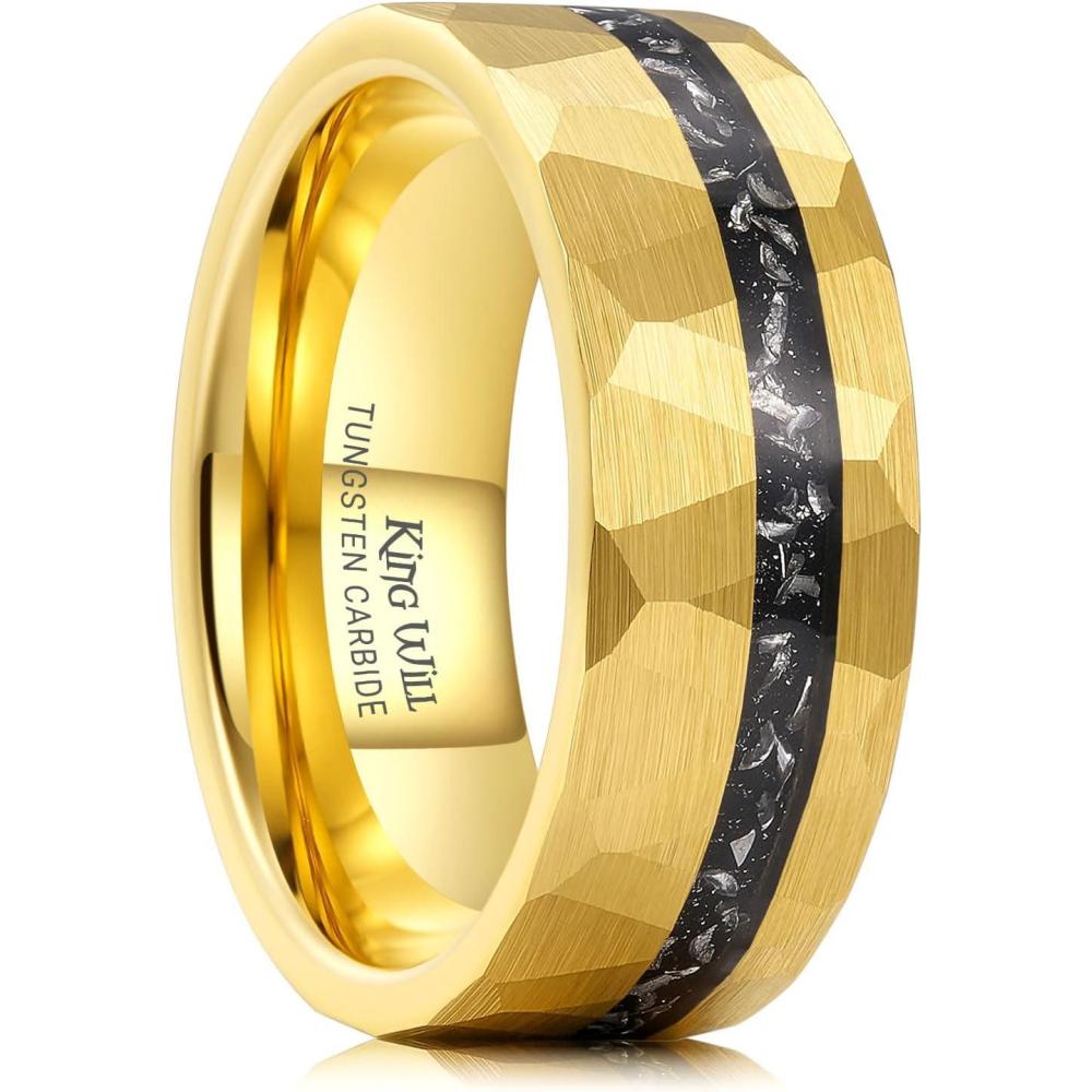 imageKing Will 8mm Tungsten Carbide Opal Rings For Men Black Wedding Band Blue Opal Inlay Brushed Hammered Promise Rings Comfort Fit Size 714GoldBlack