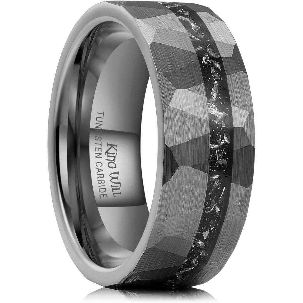 imageKing Will 8mm Tungsten Carbide Opal Rings For Men Black Wedding Band Blue Opal Inlay Brushed Hammered Promise Rings Comfort Fit Size 714Gunmetal