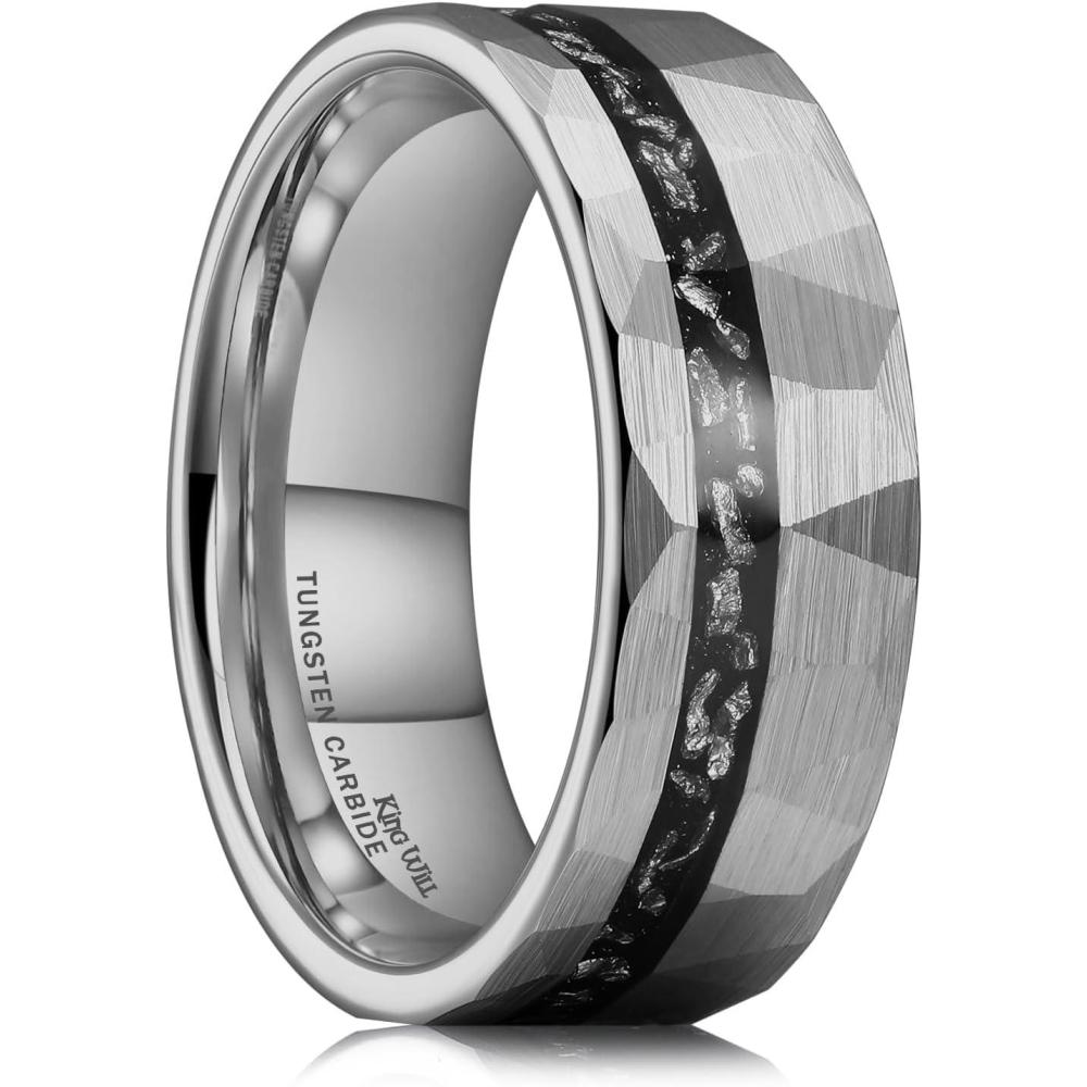 imageKing Will 8mm Tungsten Carbide Opal Rings For Men Black Wedding Band Blue Opal Inlay Brushed Hammered Promise Rings Comfort Fit Size 714Silver