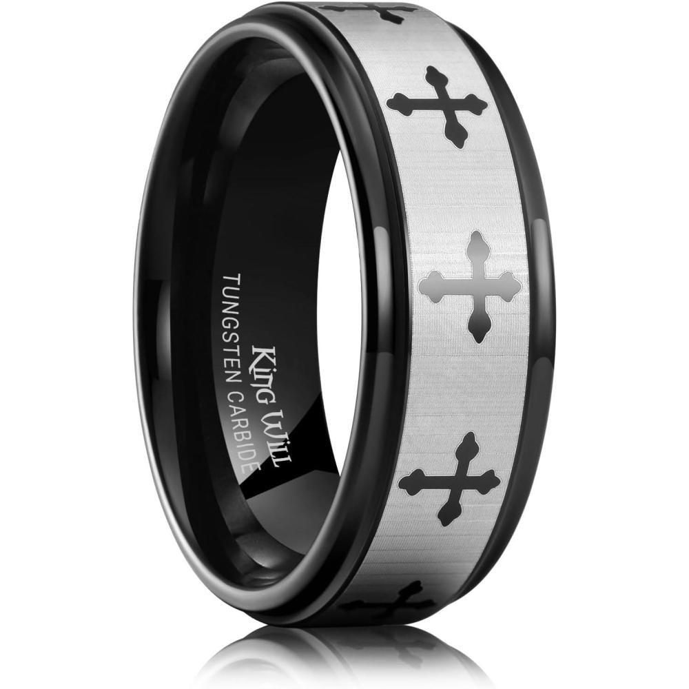 imageKing Will 8mm Tungsten Rings for Men Lords Prayer Engraved Mens Cross Ring Vintage Religious Band Polished BrushedBlackSilver