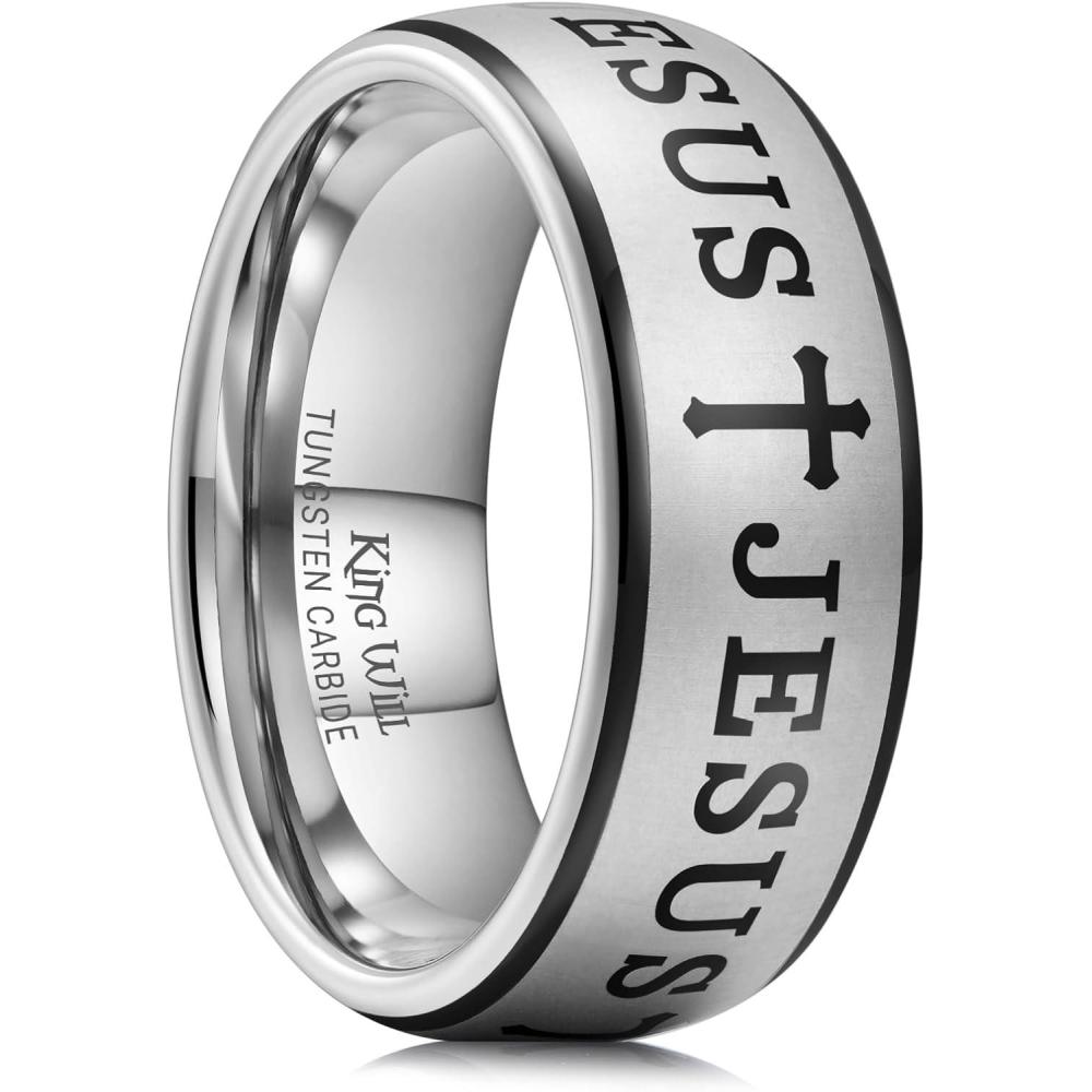 imageKing Will 8mm Tungsten Rings for Men Lords Prayer Engraved Mens Cross Ring Vintage Religious Band Polished BrushedSilver Cross Runes Engraved
