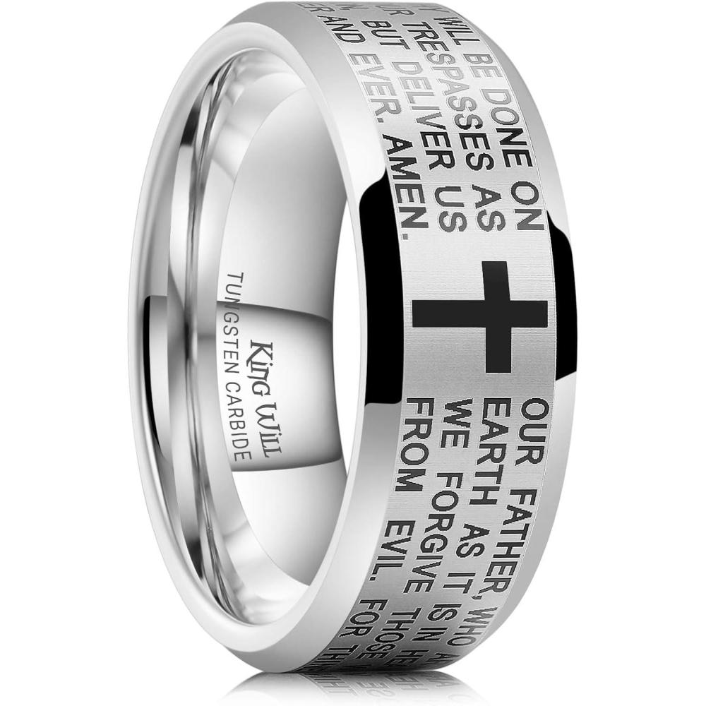 imageKing Will 8mm Tungsten Rings for Men Lords Prayer Engraved Mens Cross Ring Vintage Religious Band Polished BrushedSilverCross Bible