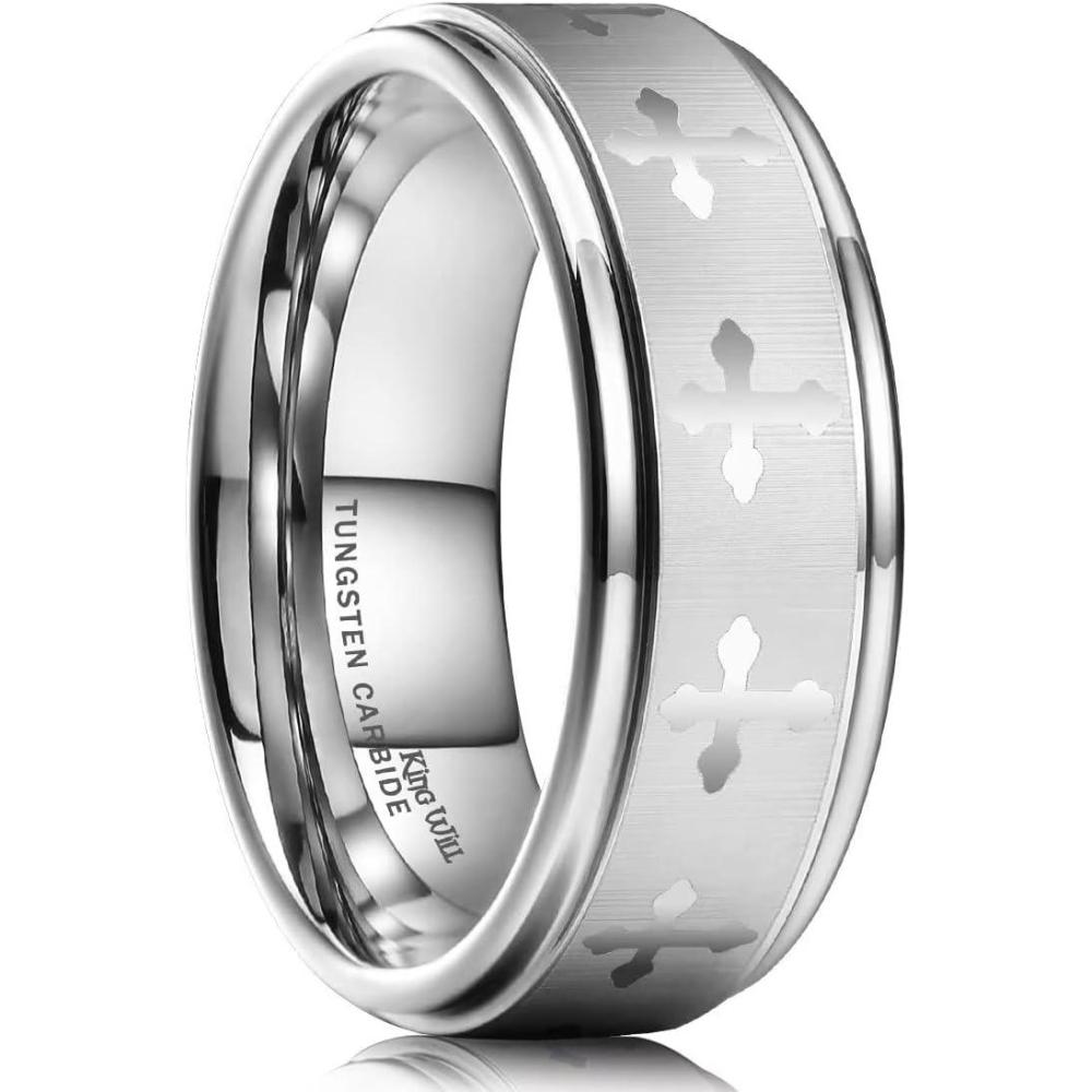 imageKing Will 8mm Tungsten Rings for Men Lords Prayer Engraved Mens Cross Ring Vintage Religious Band Polished Brushedsilver